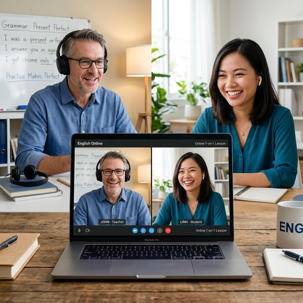 Two adults appear in a bright study setting, with a laptop in the foreground displaying their video lesson.